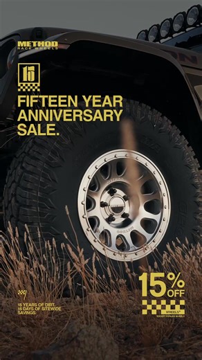 1.8K views | A Celebration Sale This Big Deserves a 15 Day Victory Lap. We’re marking everything down: Wheels, Wheel & Tire Packages, Apparel, and Accessories. 15% Off All Wheels* 15% Off Accessories 15% Off Apparel & Gear 25% Off UTV Wheel & Tire Packages *Excluding Forged Wheels & existing Markdown products | Method Race Wheels | Facebook