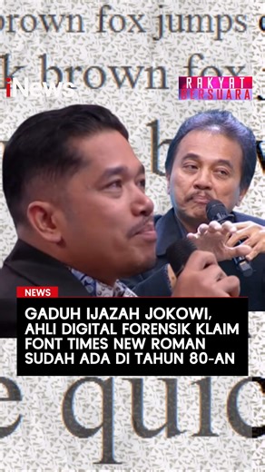 Ahli digital forensik Josua Sinambela mengklaim, font Times New Roman di lembar pengesahan skripsi sudah digunakan di tahun 1980-an. Hal itu disampaikan menanggapi soal font Times New Roman di lembar pengesahan skripsi Presiden ke-7 Joko Widodo (Jokowi) yang dipersoalkan Roy Suryo cs. Saksikan Rakyat Bersuara hanya di iNews: https://youtube.com/live/g7Et92hQ_yE?feature=share #RakyatBersuara #IjazahJokowi #Jokowi #RoySuryo #JosuaSinambela #UGM | iNews