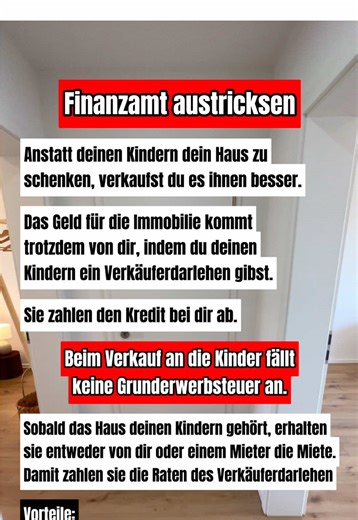 Die meisten denken: Schenkung = kostenlos. ❌ Falsch. Das Finanzamt sieht das anders. Das Problem: → Ab einem gewissen Wert fällt Schenkungssteuer an → Die AfA läuft weiter, startet nicht neu → Du übernimmst auch die steuerliche Vergangenheit Die smarte Lösung: Verkäuferdarlehen 🏠 → Kauf von den Eltern (offiziell & sauber) → Zahlung in Raten (fremdüblich) → Miete deckt die Rate (marktüblich) Deine Vorteile: ✔ AfA neu auf den Kaufpreis ✔ Keine Schenkungssteuer → Freibetrag bleibt unangetastet ✔ K