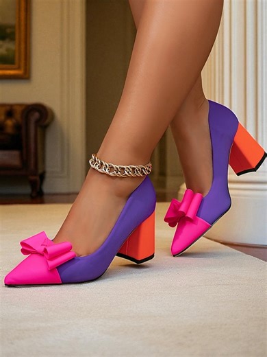 Women's 1950s Retro Colorblock Bow Heels - Bright Pink and Purple Pointed Toe Block Heel Pumps for Parties, Night Out & Fashion Events 2025 - $54.99