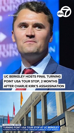 Exactly two months after conservative advocate Charlie Kirk’s assassination during a tour stop at a Utah university, his organization, Turning Point USA, will conclude its “American Comeback Tour” at UC Berkeley on Nov. 10 with heightened security. The event has been moved indoors after originally being planned outdoors and will feature comedian and actor Rob Schneider and Christian media personality and author Frank Turek. Read the full story: https://abc7news.com/18128036/ | ABC7 News