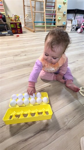 This toy will keep this girl busy for a long time and it is helping her learn her colors! Smart little cookie #babytoys #toddlertoys #learningcolors #eggtoy #screenfreeplay