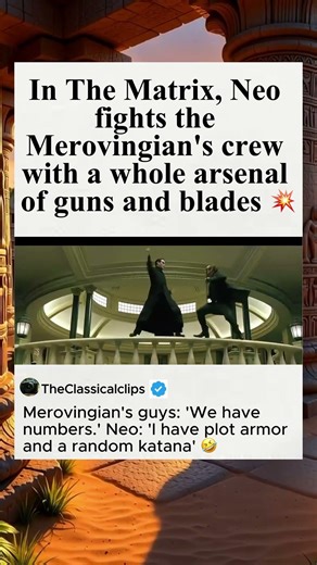 In The Matrix, Neo fights the Merovingian's crew with a whole arsenal of guns and blades