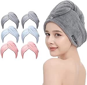 6 Pack Microfiber Hair Towel Wrap for Women and Men, 11" x 28",2 Button-Loop Closure,Super Absorbent Quick Dry Hair Turban for Drying Long, Curly,Thick Hair(2 Pink/Blue/Grey)