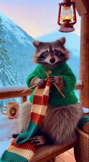 Raccoon knitting a scarf for the winter #wildlife #chill #cute #fyp #winter #knitting