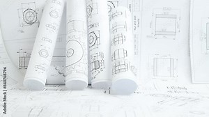 paper engineering drawings of industrial parts and mechanisms Stock Video