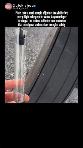 Quickshot on Instagram: "Before many flights, pilots or ground crews take a small fuel sample and collect it in a clear vial. This straightforward step helps confirm that the fuel is clean, pure, and free from contaminants—most importantly, water. Because jet fuel is lighter than water, any droplets, icy particles, or a transparent layer will settle at the bottom of the vial, making them easy to detect. By examining the sample in natural light, inspectors can immediately judge whether the fuel r