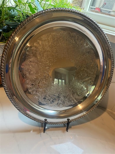 Vintage Silver-plated Serving Tray – Engraved Floral, Rope Edge, Mid-century Barware - Etsy