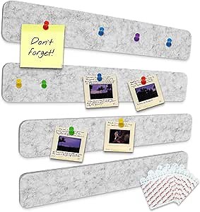 Felt Pin Boards Bar Strips for Walls Bulletin Board Removable with 24 Command Strips Memo Notice Boards as Classroom Office Decor, 4 Pack, 40 Push Pins