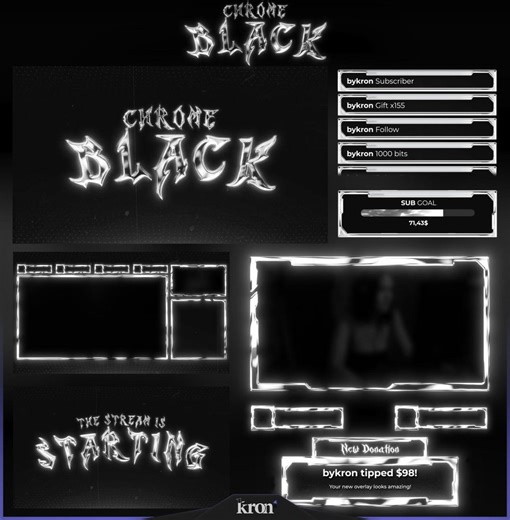 Chrome Black Stream Overlay Pack, Animated Scenes, Alerts, Widgets, Twitch Overlay
