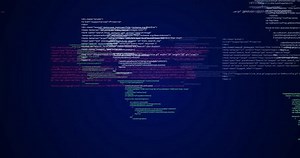 Data transfer, cybersecurity and code for futuristic server of AI testing, dark background and software update. Technology, programming and hacking with metaverse, algorithm and network information