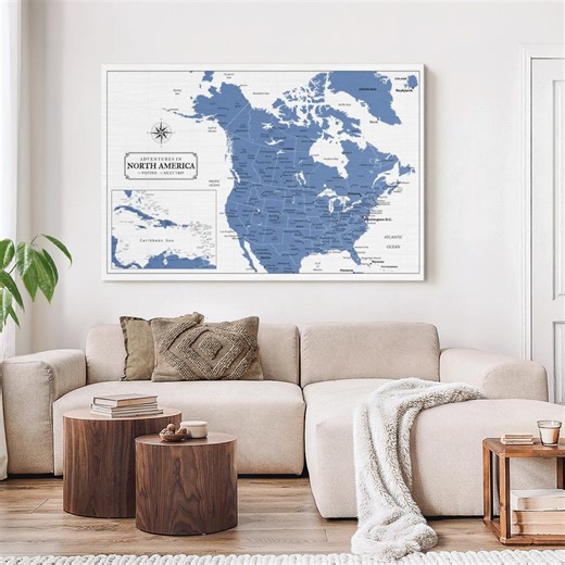 Blue North America Push Pin Continent Map - Etsy