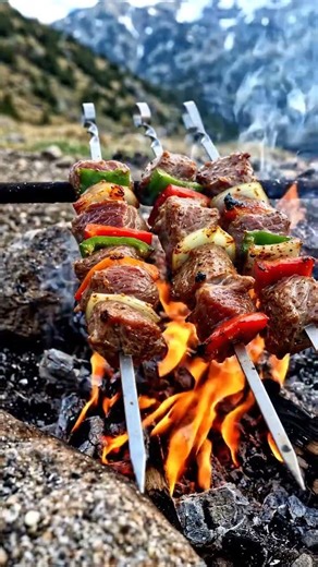 Skewer KebabCooked Over Open Fire | Mountain Cooking#shorts