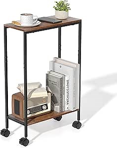 Allinside Narrow Side Table, Narrow End Table for Small Spaces, Slim Night Stands with Wheels, Skinny End Table, Rustic Brown Bedside Table, Sofa Couch Table for Living Room Bedroom