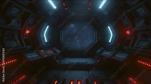 Sci-Fi Control Room in Space, A Spaceship's Interior with Advanced Technology and a View of the Galaxy, depicts the bridge of a spaceship, where the pilot navigates through the stars using high-tech