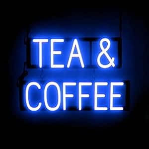 SpellBrite TEA & COFFEE Sign | Coffee Drink-Related Sign with Neon Look, Blue LED Light Source | 22.7" x 15.0"
