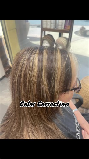 Color correction for blending chunky highlights involves adjusting the hair color to create a more seamless and blended look. Here's how it can be done: 1. **Assessment:** The first step in color correction is to assess the current hair color and the chunky highlights. Determine the contrast between the highlights and the base color, as well as any unwanted tones or inconsistencies. 2. **Choosing the Correct Shade:** Select a hair color that will help blend the chunky highlights with the base co