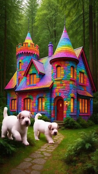 Experience the delightful surprise and curiosity as cats encounter a giant octopus and puppies explore a magical rainbow castle