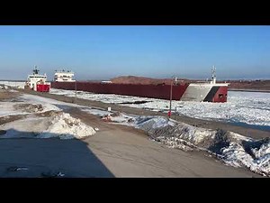 Great Lakes Freighter Edgar B Speer in a icy Soo Lock Canal