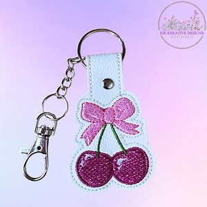 Embroidered Cherry Keychain: Handmade Vinyl Bag Charm With Pink Bow - Etsy