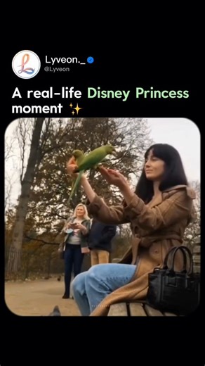Lyveon on Instagram: "The video captures a serene and magical scene where a woman sitting on a park bench gently extends her hand, inviting a wild green parakeet to swoop down in slow motion and feed directly from her palm. Titled "A real-life Disney Princess moment," the clip amassed over 3.5 million views and 390,478 likes within three months, perfectly embodying the fantasy of harmonious connection with nature often seen in fairy tales. User reactions are a mix of enchantment and skepticism; 