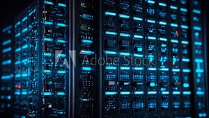 A seamlessly looped video animation in a data center slowly pans across server equipment, highlighting the flashing light indicators in close-up.