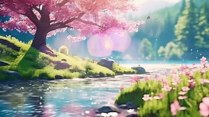 Download AI generated Beautiful spring nature landscape and cherry blossom tree animated background in Japanese anime style. seamless looping video animated background for free