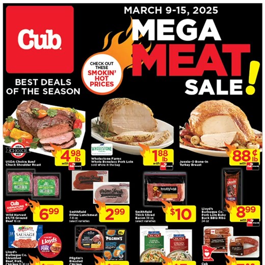 Score smokin' hot savings during our Mega Meat Sale! 🔥 From pork loin to pork chops, chuck roast to freshwater walleye, find great deals on all your favorite cuts when you shop with your My Cub Rewards account. | Cub