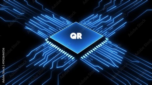 Blue Q R code microchip with glowing circuit board lines on black background for tech and digital concept