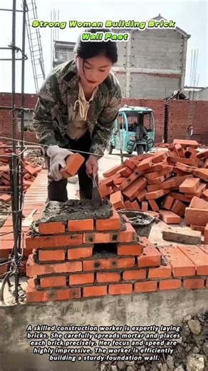 Strong Woman Building Brick Wall Fast