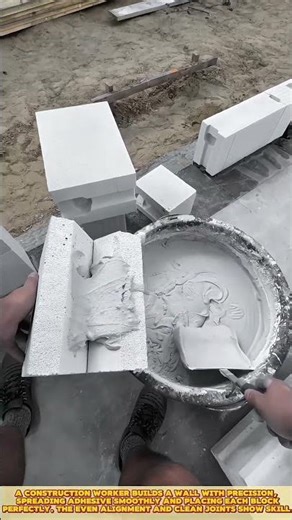 Construction worker apply adhesive evenly, and ensure solid wall bonding