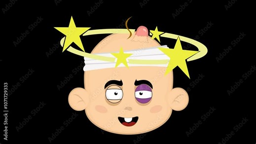 video animation emoticon face character baby cartoon, injury, a black eye, with a bump and stars spinning on the head. On a transparent background with alpha channel at zero