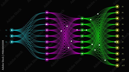 Futuristic Deep Learning Neural Network Animation with Data Flow and AI Algorithm Layers, Artificial Intelligence Visualization for High Tech, Science and Innovation Concepts