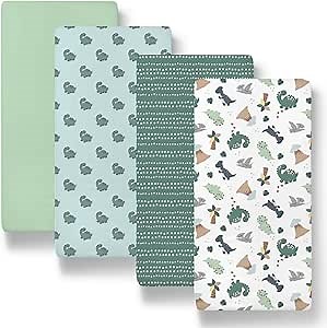 The Peanutshell Baby Bassinet Sheets 4-Pack for Boy - Soft, Oval & Fitted Baby Boys Bassinet Sheet, Rectangle, Fitted Sheet Covers for Crib, Halo Bassinet Mattress - Green Dino