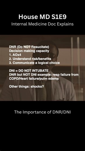 Importance of DNR/DNI - Explained by IM Doc I explain and break down the medicine behind medical shows! #housemd #internal_medicine #learning This video uses short excerpts of copyrighted material for commentary, criticism, and educational purposes under Fair Use (Section 107 of the Copyright Act). All clips are transformed and used solely for medical analysis and educational discussion. The copyright for House M.D. is owned by Universal Television (NBCUniversal) | Neuron.Nibbles
