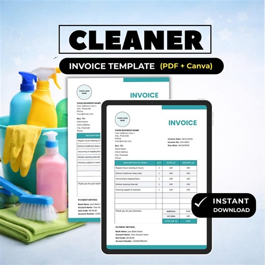 Cleaner Invoice Template | Cleaning Invoice | Editable PDF & Canva | UK Trades - Etsy