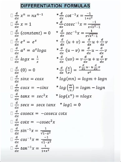 |+2 MATHS| ALL DIFFERENTIATION FORMULAS IN ONE SHORT|🔥💯♥️