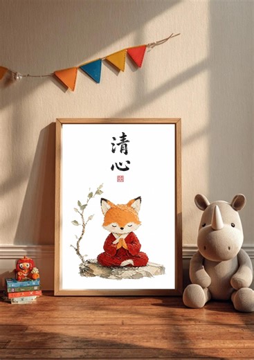 Zen Fox Meditation Poster | Premium Printed Poster | Cute Japanese Fox Art | Ready to Frame | Mindful zen Decor
