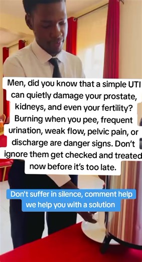 Men burning when you pee, frequent urination, weak flow, pelvic pain, or discharge are danger signs. UTIs in men happen when bacteria enter the urinary tract through unprotected sex, poor hygiene, prostate problems, dehydration, or blocked urine flow. Once inside, the infection can spread to the prostate and kidneys and cause serious damage. Don’t ignore the signs get checked now. #uti #mentalhealth #fyp #healthtips #kenya
