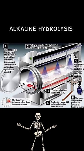 alkaline hydrolysis is a process of cremation that liquefies for dead then separates the bones and poures the remaining liquid into the drains to be filtered and used as coty water. ##dead##alkalinehydrolysis##fyp