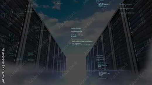 On start, code snippets appearing over server racks, scrolling upward, showing data flow