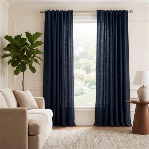 Midnight Blue Linen Tab Loops Curtains Window Panels Neutral Modern Drapes for Living Room Bedroom Custom Size Various Colours- Rod Pocket - Etsy UK
