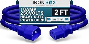 IronBox Electric C14 to C13 Power Cord - 10A/250V, 18/3 AWG SJT - UL Listed IEC Cable & Jumper Cords - Heavy Duty Power Extension Cord for Desktop Computer, Monitor, Projector, PDU & More (2ft, Blue)