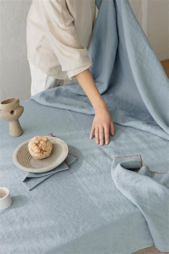 Linen Tablecloth Baby Blue With Terracotta Trim, Washed Linen, Danish Design, European Made, 2 Sizes and Matching Napkins Available - Etsy