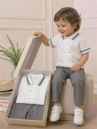 SHEIN 2 יחידות סט חליפות ג'נטלמן עם דש צבעוני, חזה כפול, חולצה ומכנסיים בצבע אחיד, מתאים למסיבת יום הולדת, מסיבת ריקודים, ארוחת ערב רשמית, הופעה, חתונה, טבילה, חגיגת יום הולדת ראשון, אורח חתונה ואירועים אחרים | SHEIN