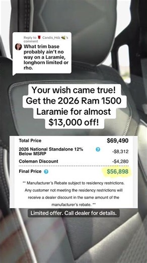 Replying to @🌹 Candis_Hdz 🐝 That's right!! The 2026 Ram 1500 Laramie is available NOW with a
