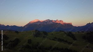 Great landscape on the Dolomites. Drone aerial view on Sella group and Bo peaks during the summer sunrise. Alta Badia, Sud Tirol, Italy