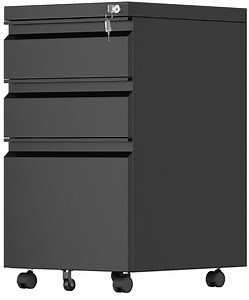 JAORD Black 3-Drawer Metal File Cabinet with Lock and Wheels, Fully Assembled