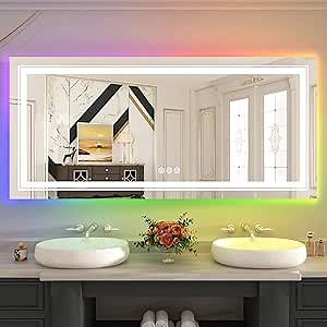 WTTY RGB LED Mirror for Bathroom,72"x40" Large LED Bathroom Mirror with Backlit and Front Light,Stepless Dimmable,Anti-Fog,Lighted Bathroom Vanity Mirror for Wall,Shatterproof,Memory Function