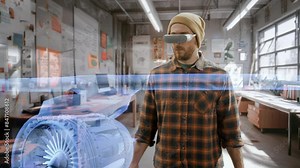Engineer with VR Headset and Holographic Engine Model in High-Tech Office Design Technology Engineering